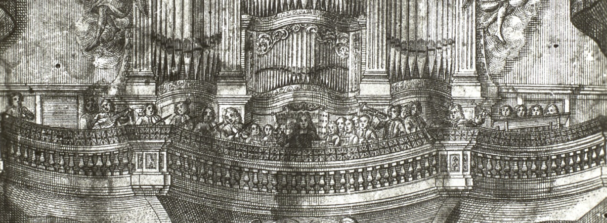 Ein Kupferstich, der Musiker auf der Empore im Freiberger Dom zeigt.